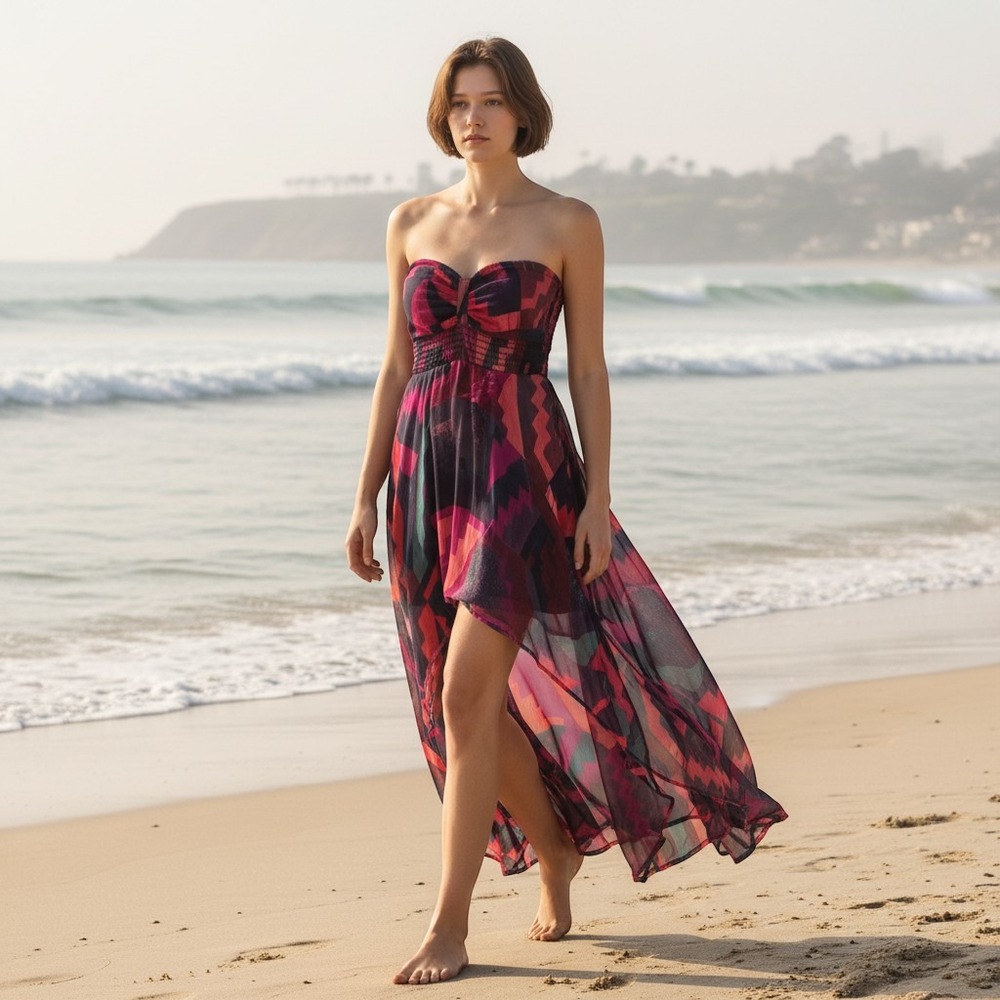 Roxy‎ Womens Strapless Handkerchief Maxi Dress Geometric Abstract Smocked Small